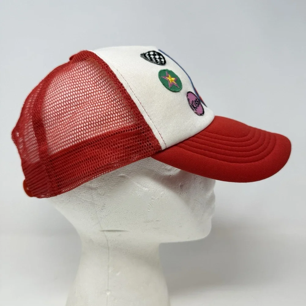 AMERICAN FLAG PEACE SIGN TRUCKER‎ HAT WITH PATCHES SNAP BACK RED MESH BACK OSFM